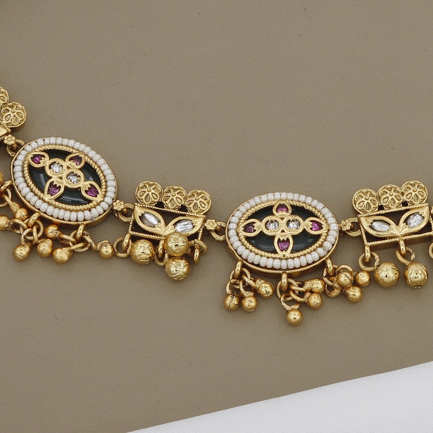 Traditional Jadau Style Necklace Set with Dangling Gold Beads