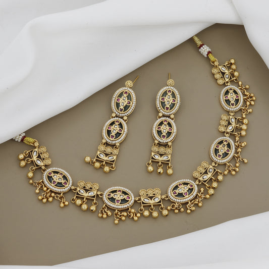 Traditional Jadau Style Necklace Set with Dangling Gold Beads
