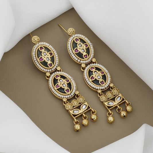 Traditional Jadau Style Necklace Set with Dangling Gold Beads