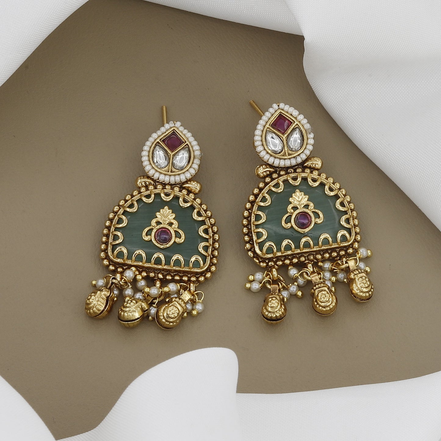 Antique Finish Multi-Layer Necklace Set with Rich Green Enamel