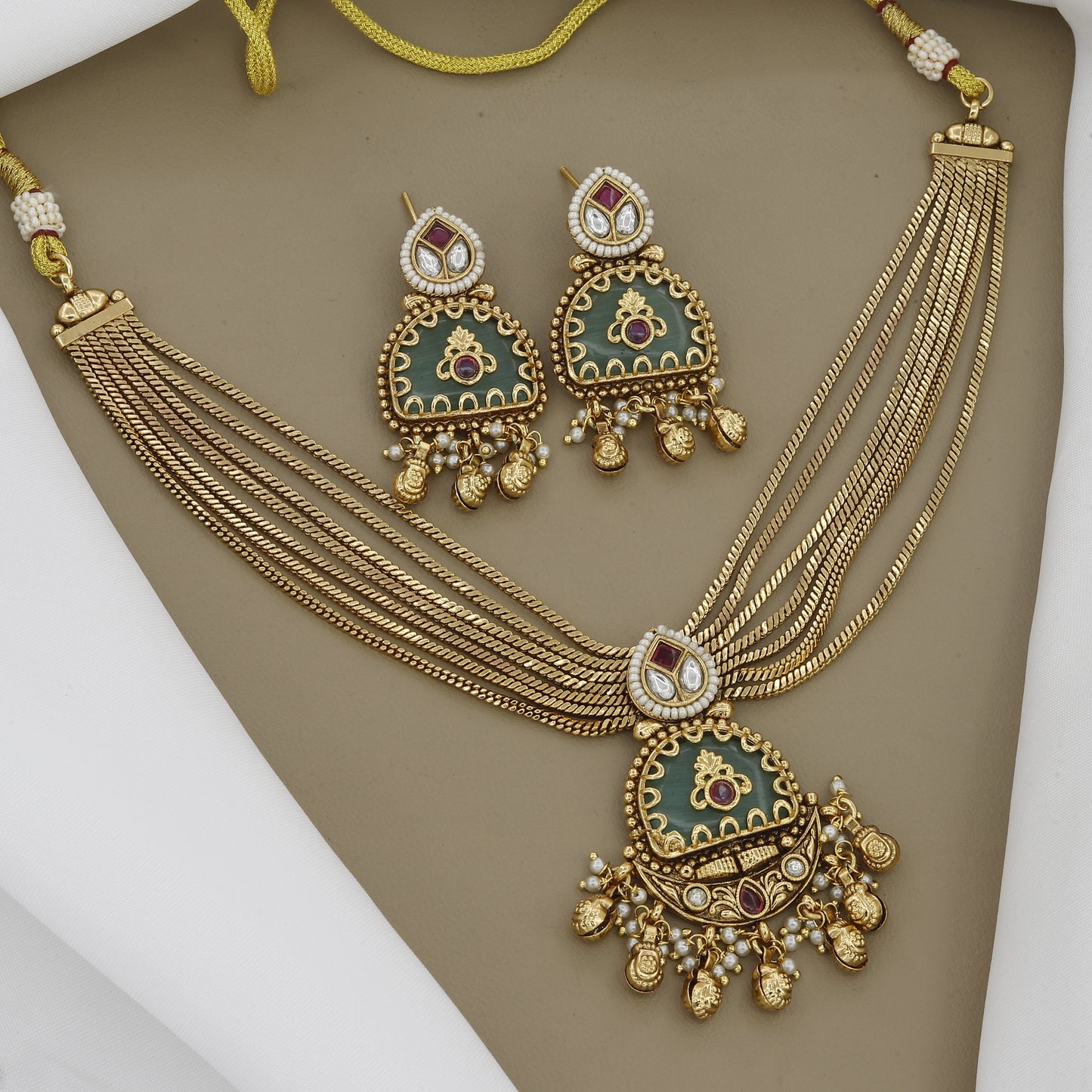 Antique Finish Multi-Layer Necklace Set with Rich Green Enamel