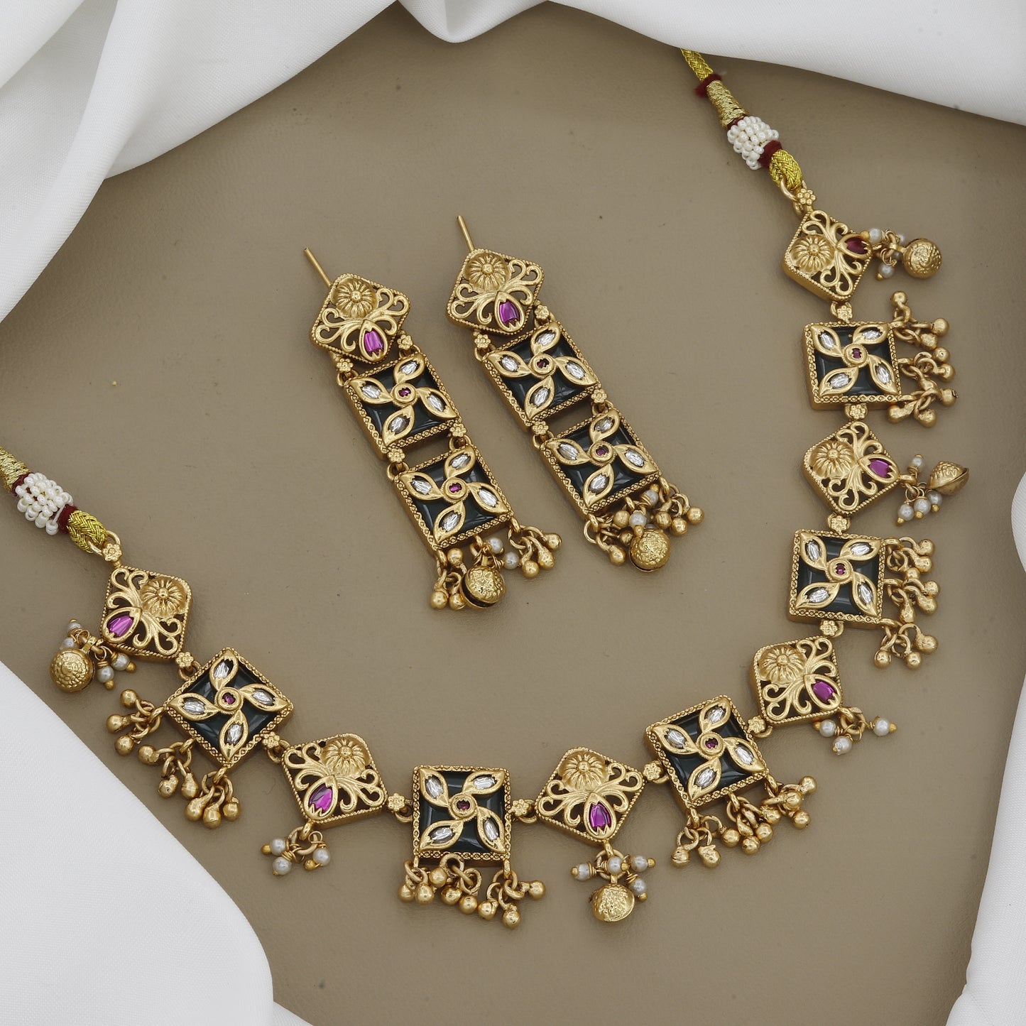 Contemporary Gold-Toned Black Meenakari Necklace Set