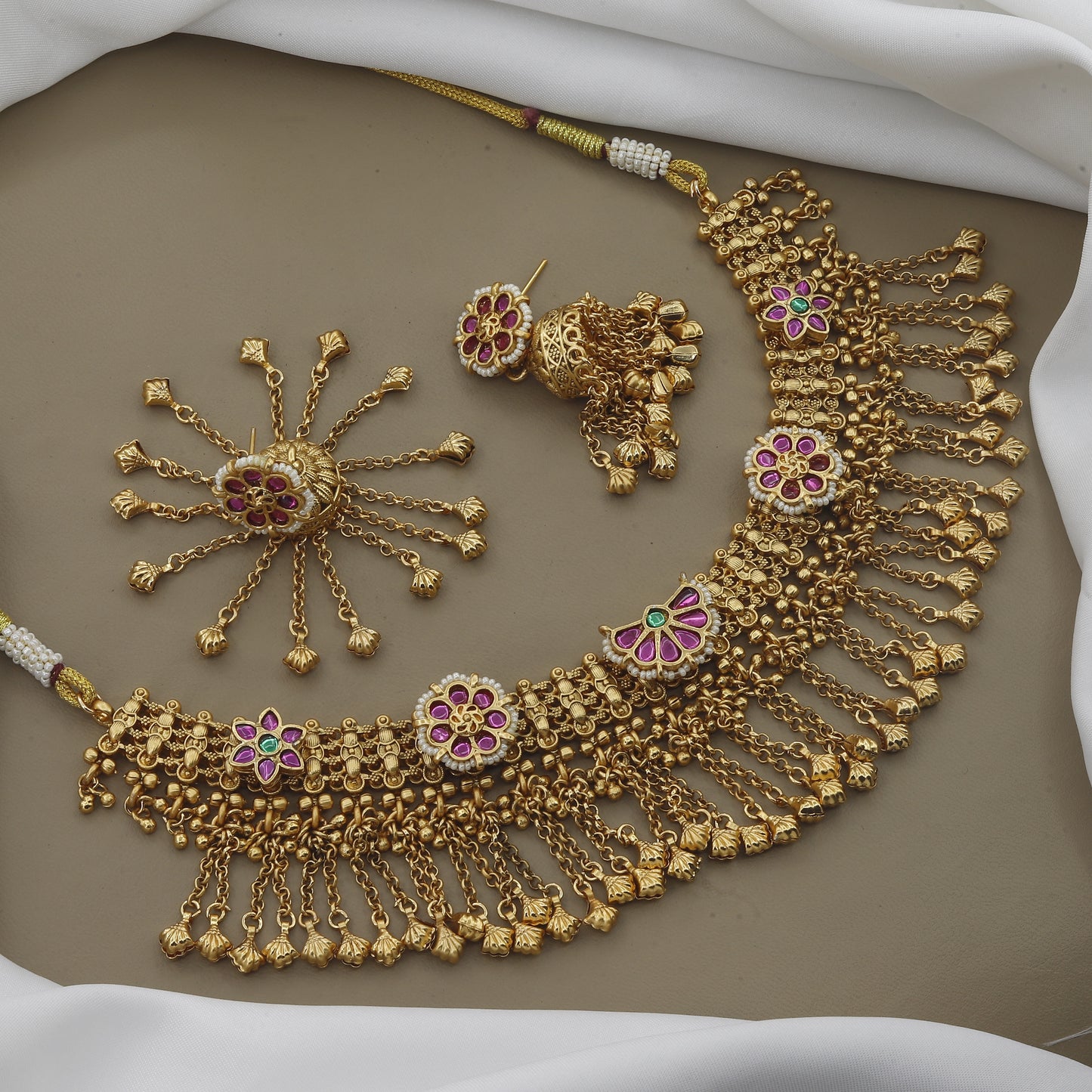 Traditional Gold Plated Jalar Necklace Set with Ruby Stones