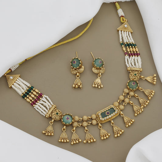 Antique Gold Finish Pearl Kundan Necklace Set