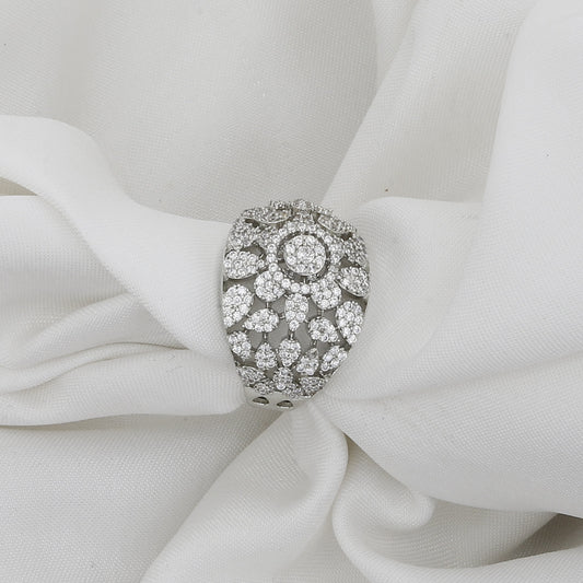 White Silver-Tone Flower Cluster Statement Diamond Ring