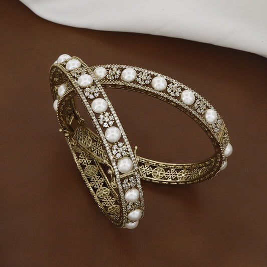 Mehndi Polished (Openable) Set of 2 Pearl & Cubic Zirconia Bangles