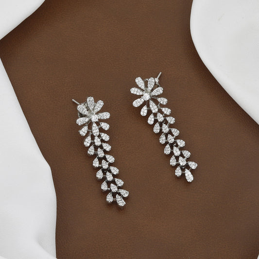 Silver Tone Sparkling Floral Leaf Cubic Zirconia Necklace & Drop Earring Set