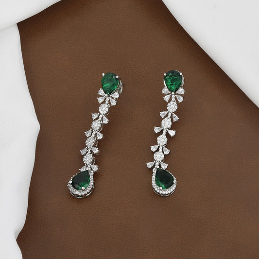 Silver Tone Sparkling CZ Vine Leaf Necklace & Chandelier Drop Earring Set