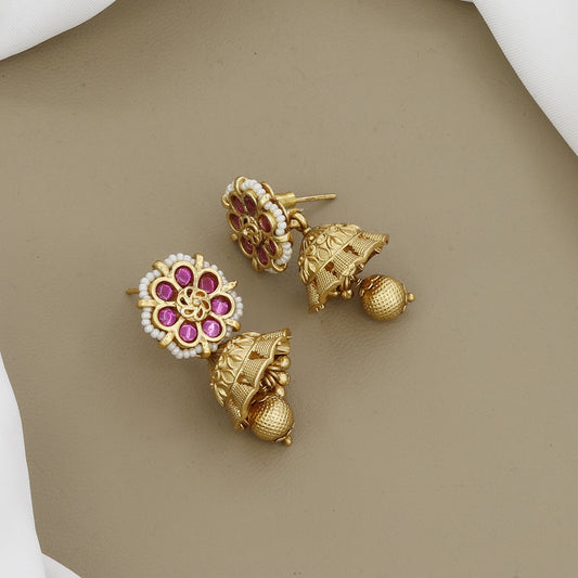 Antique Plated Floral Necklace Set and Matching Mini Jhumkas