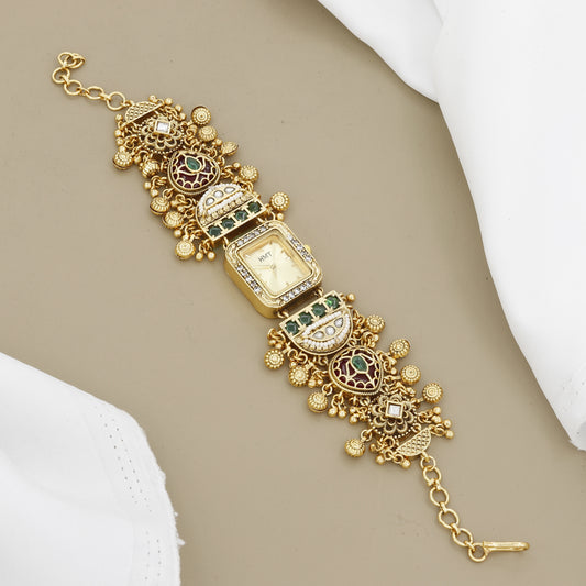 Traditional HMT Style Gold Plated Watch Bracelet with Kemp Stones