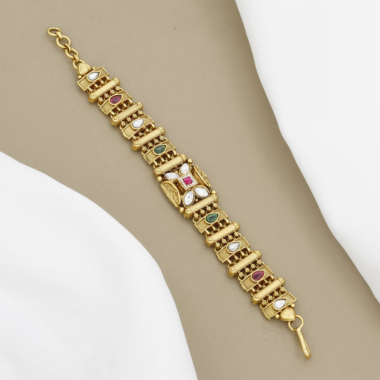 Kundan and Pearl Embellished Gold Tone Antique Bracelet