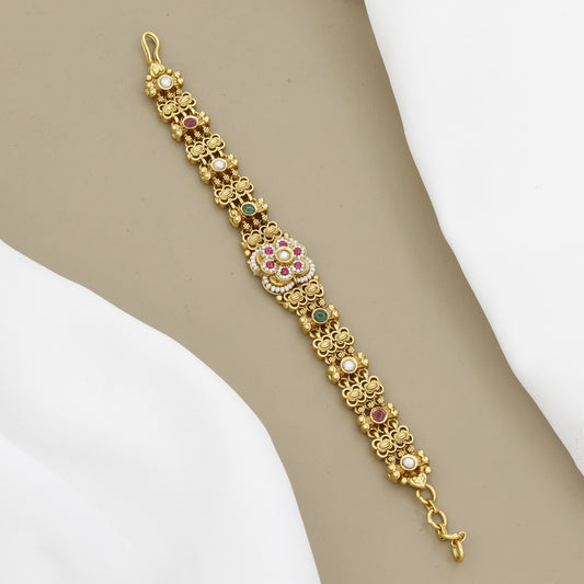 Antique Finish Gold Tone Floral Bracelet with Multi-Color Gemstones and Pearls