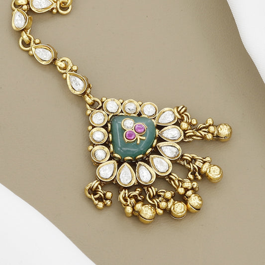 Kundan Polki Maang Tikka with Central Green Stone