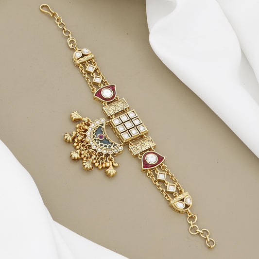 Royal Kundan Polki Style Bracelet with Meenakari Chandbali Drops