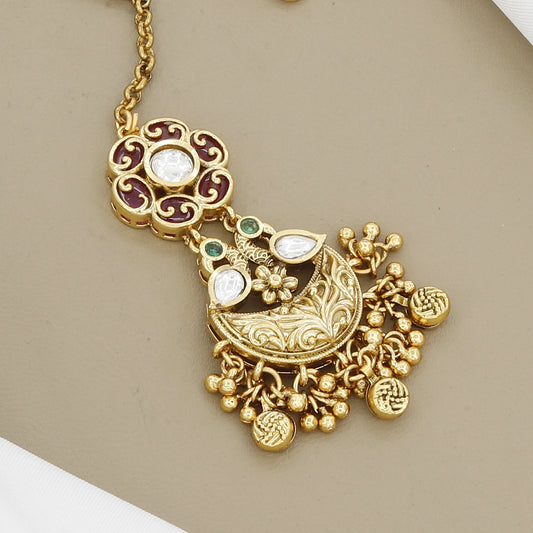 Traditional Kundan & Ruby Maang Tikka with Gold Dangles
