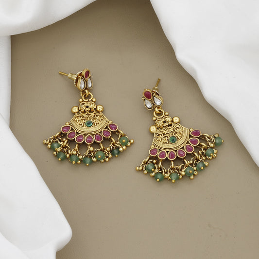 Traditional Gold Toned Semi-Circle Antique Necklace & Earrings Set