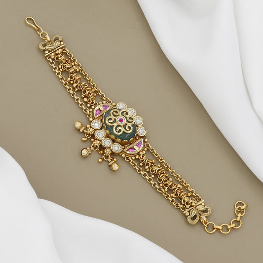 Traditional Gold Chain Bracelet with Green Enamel and Kundan Dangles