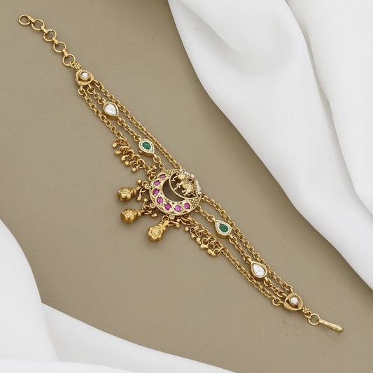 Multi-Strand Gold Bracelet with Chandbali Motif and Ghungroo Drops
