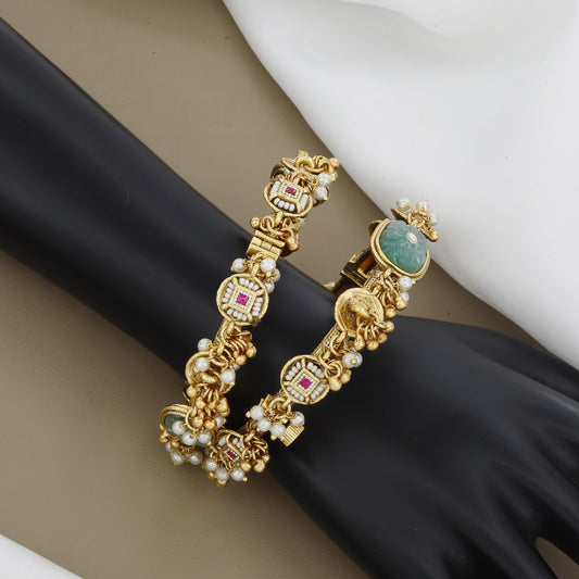 Open Screw Antique Patla Set with Moti and Carved Gemstone