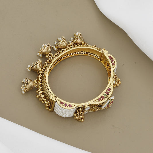 Intricate Meenakari & Pearl Embellished Gold Tone Kada Bracelet