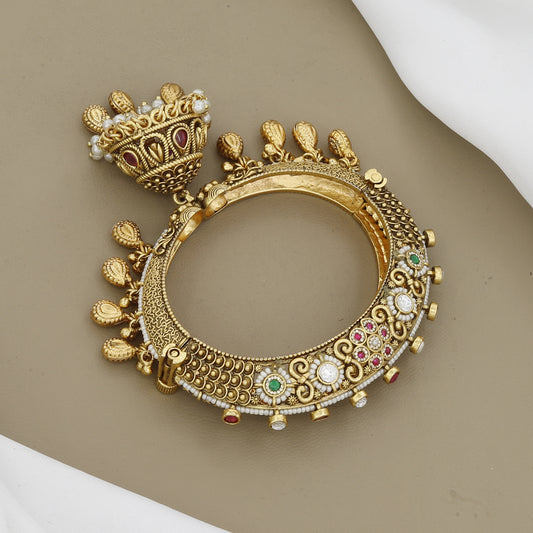Intricate Antique Finish Kada Bangle with Ruby, Emerald & White Stones