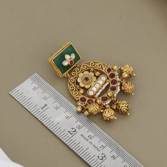 Antique Gold Plated Earrings with Green Stone & Kemp