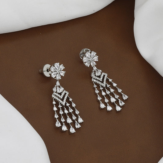 V-Shape Silver Polished Statement Botanical Leaf CZ Necklace Set With Chain