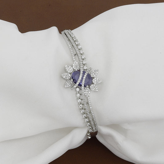 Royal Sapphire-Look CZ Silver-Tone Bangle Bracelet