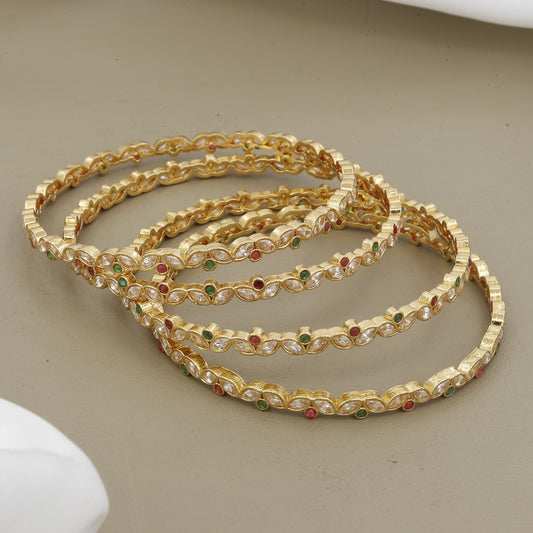 Ruby & Emerald Accents 4-Piece Gold Plated CZ Bangle Set