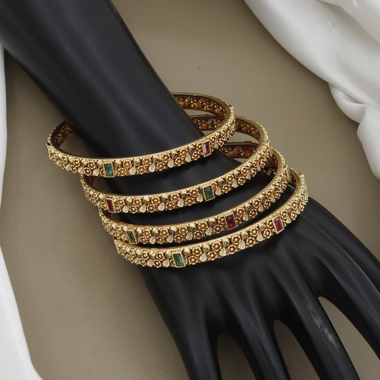 Antique Gold Plated Bangle Set (4 Pc) | Ruby & Emerald Stone