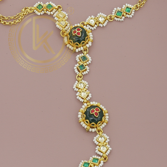 Traditional Kundan Hath Panja with Green Enamel and Pearl Chains