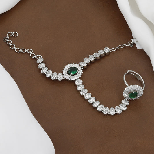Silver Polished Emerald & CZ Stone Hath Panja