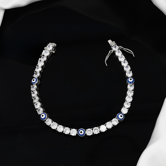 Silver Polished Evil Eye Tennis Bracelet with CZ Stones
