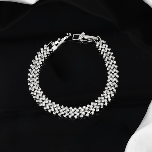 Silver Polished Leaf Design Cubic Zirconia Tennis Bracelet