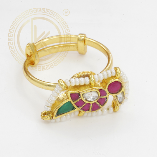 Palakka Design Gold Plated Adjustable Finger Ring with Pearls