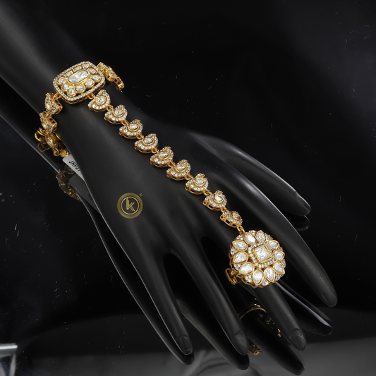 Beautiful Gold Plated Hand Ornament with Kundan & Pearls