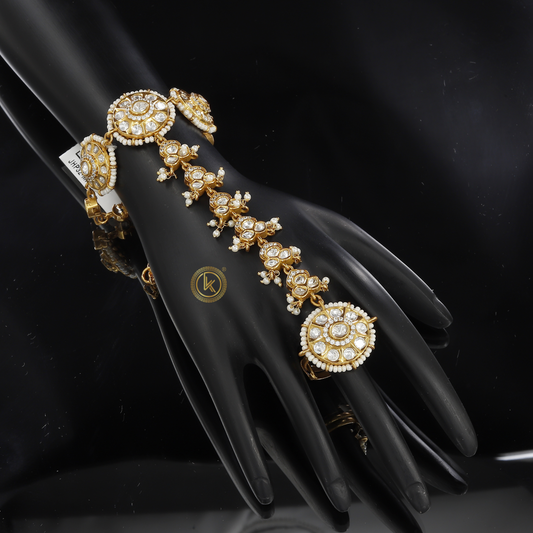 Traditional Gold Plated Hath Panja with Kundan & Pearls