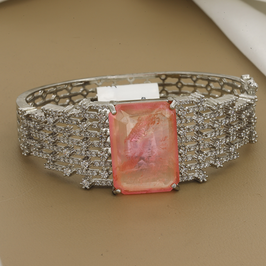 Modern Luxury Pink Stone & Pave Diamond Kada Bracelet