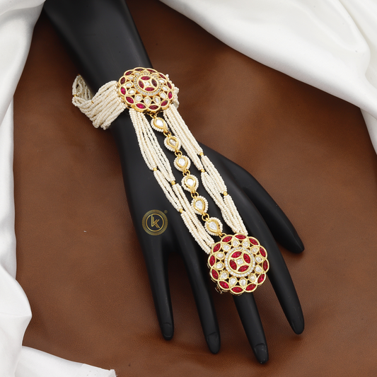 Designer Gold Plated Hath Panja with Pearls & Gems