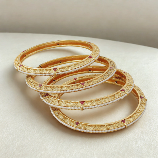 Antique Set of 4 Bangle Set with Ruby and Pearl Detailing