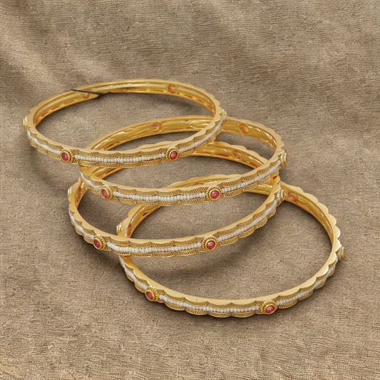 Antique Gold Set Of 4 Bangle Set with Ruby and Pearl Detailing