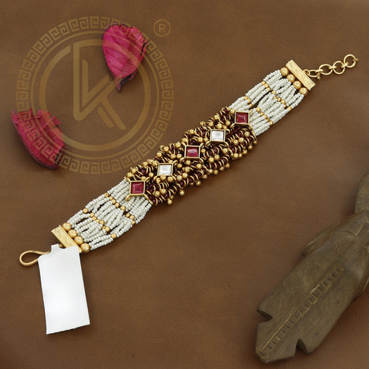 Statement Kundan Antique Hand Bracelet With Colors