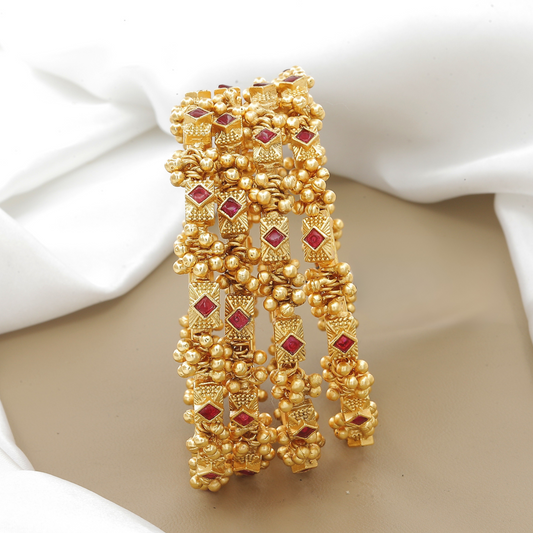 Traditional Antique Ghughri Bangle Set with Ruby Stones