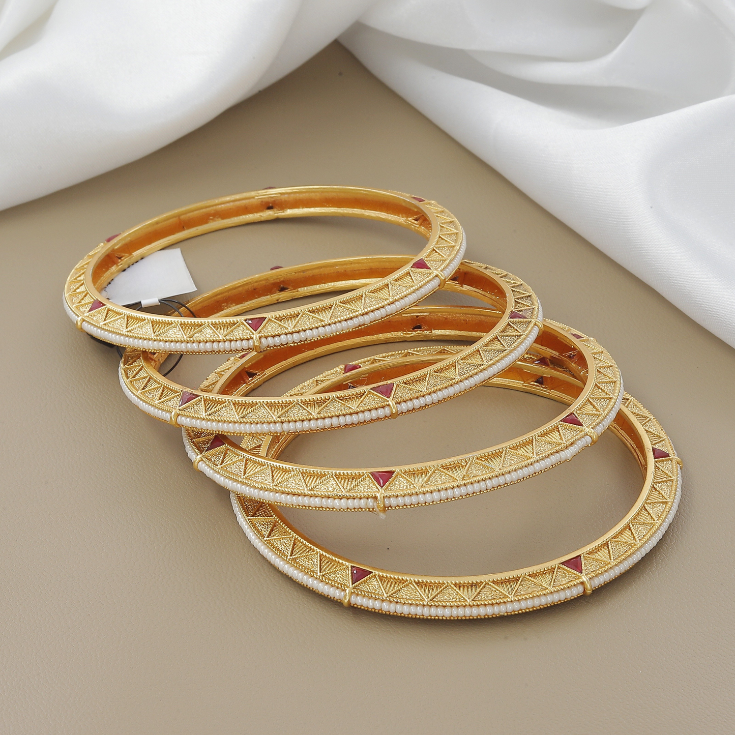 Antique Set of 4 Bangle Set with Ruby and Pearl Detailing