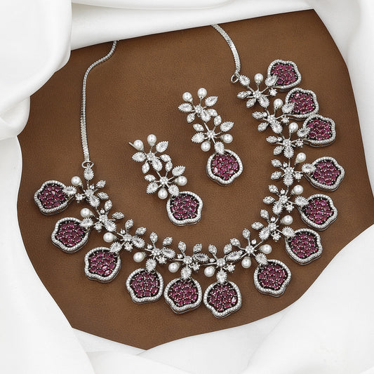 CZ & Pearl Floral Diamond Necklace and Earring Set