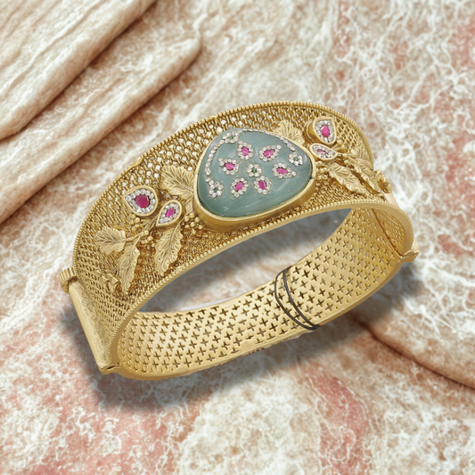 Gold Mesh Kada with Floral and Gemstone Design