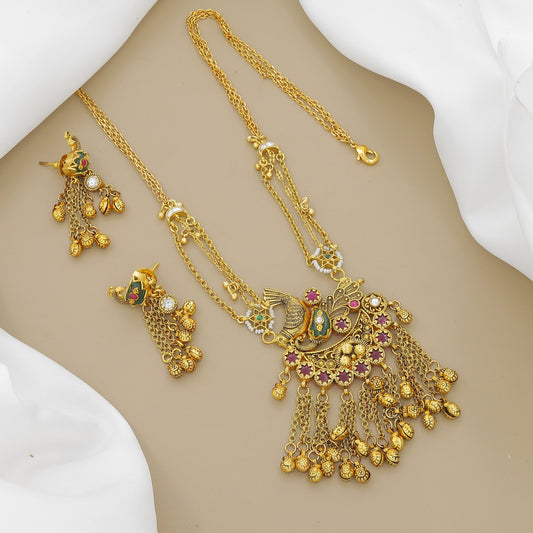 Antique Gold Plated Peacock Necklace Set with Ruby and Green Stones