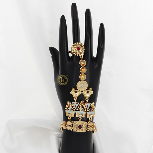 Antique Gold-Tone Enamel Hath Panja - Meenakari Style