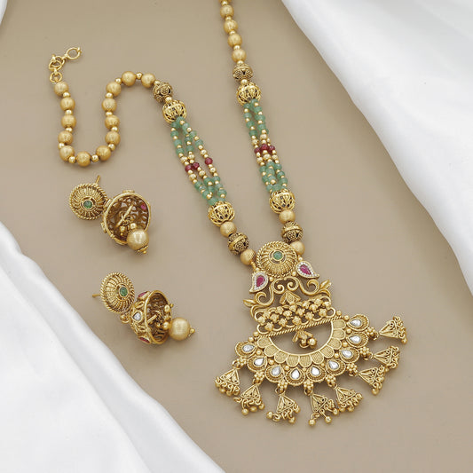 Antique Gold-Toned & Green Bead Temple Jewelry Set
