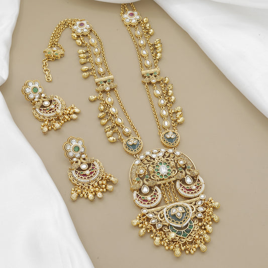 Antique Gold-Toned Long Temple Necklace Set with Green Stone
